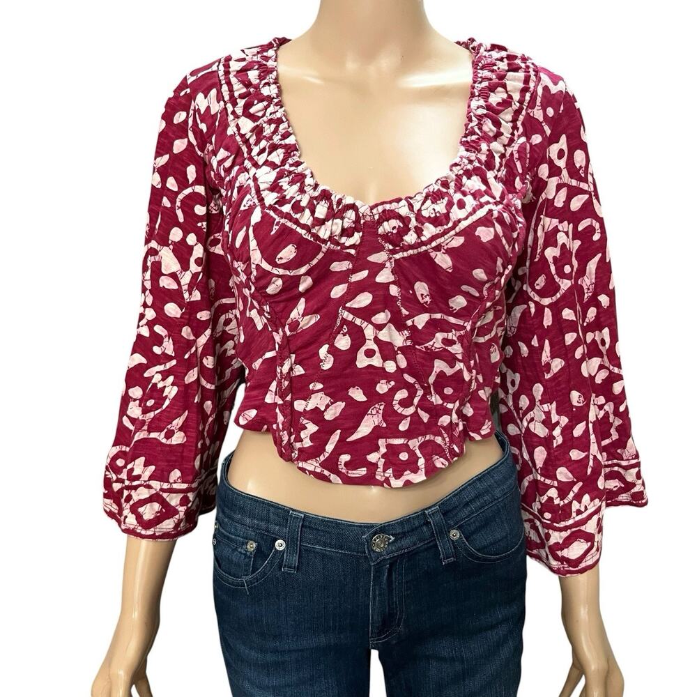 Free People On The Block Batik Print Top XS Bell Sleeve Cropped Boho Berry Combo